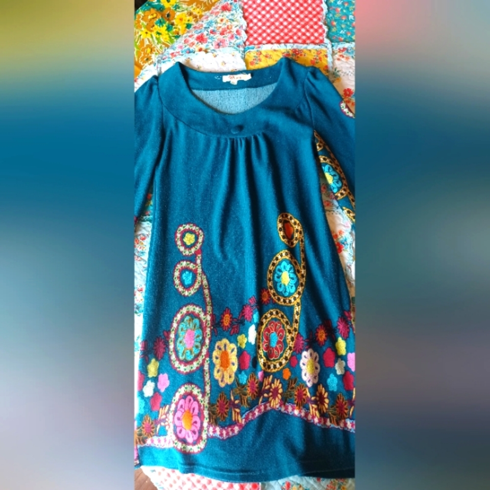 Aryeh by Anthropologie S Teal Green Geometric Boho Artsy Bishop Sleeve Dress